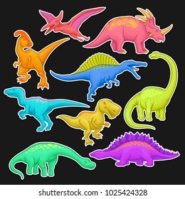Colorful collection of prehistoric reptiles. Giant animal of Jurassic period. Cartoon dinosaur characters in flat style. Vector design for sticker, book or video game