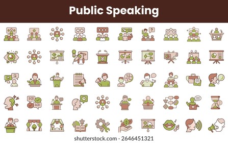 A colorful collection of public speaking icons featuring diverse characters in various presentation settings, highlighting communication and engagement concepts.
