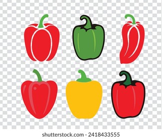 A colorful collection of red, green, and yellow bell pepper icons on a transparent background