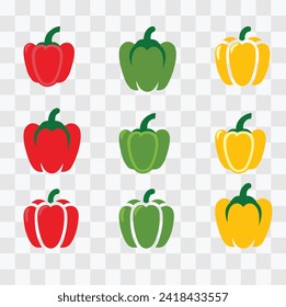 A colorful collection of red, green, and yellow bell pepper icons on a transparent background