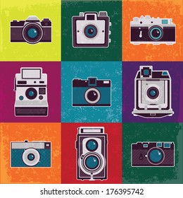 Colorful collection of retro camera set. Vintage vector illustration