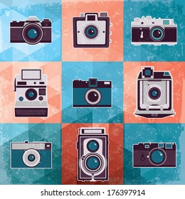 Colorful collection of retro camera set. Vintage vector illustration