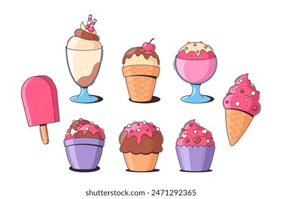 Colorful Collection Of Retro Cartoon Ice Cream And Cupcakes Includes Various Icecream Cones, Sundaes And Muffins