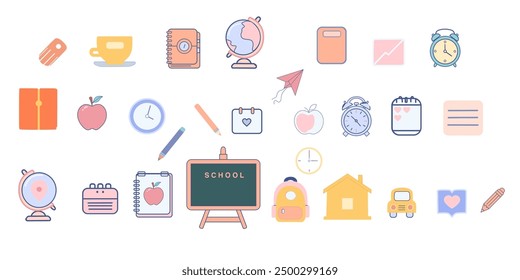 Colorful collection of school icons. Globe, notebooks, pencils, clocks, an apple, a backpack, and more. Perfect for illustrating classroom, student, university. 