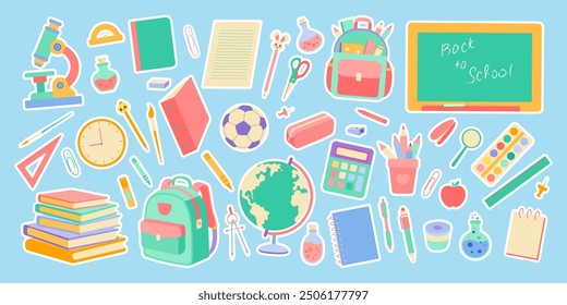 A colorful collection of school supplies and a chalkboard with the words "Back to School" written on it