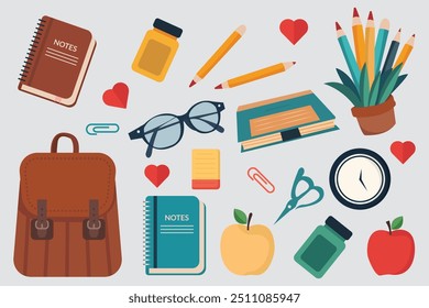 A colorful collection of school supplies illustration element.Vector illustration