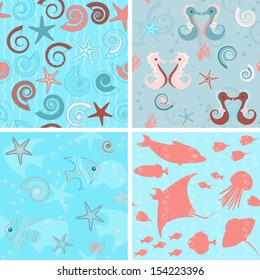 Colorful collection of sea life seamless patterns