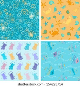 Colorful collection of sea life seamless patterns