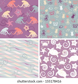 Colorful collection of sea life seamless patterns