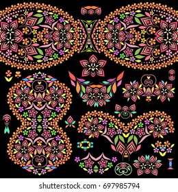 A colorful collection of seamless border  and ethnic  elements.Traditional eastern symbols for decoration, for clothes. Ethnic ornament - object isolated. Vector bright print.