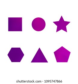 Colorful collection set of soft mesh facet gradient logo designs or web elements. Hexagonal, triangular, pentagonal, round, triangular and star gradient stylish shapes. Geometric logotype.