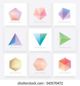 Colorful Collection Set Of Soft Mesh Facet Crystal Gem Logo Designs Or Web Elements. Pentagonal, Triangular And Hexagonal Polygon Shapes.