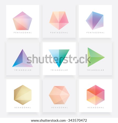 Colorful collection set of soft mesh facet crystal gem logo designs or web elements. Pentagonal, triangular and hexagonal polygon shapes.