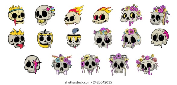 Colorful Collection of Skull Illustrations with Various Decorations. A vibrant set of stylized skull graphics, adorned with flames, flowers, and dripping details – perfect for unique designs