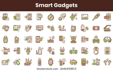 Uma coleção colorida de ícones de gadgets inteligentes que mostram vários dispositivos de tecnologia modernos, perfeitos para ilustrar a inovação e a conveniência digital.
