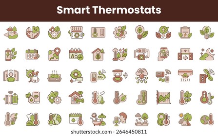 A colorful collection of smart thermostat icons featuring eco-friendly designs, temperature controls, and energy-saving symbols, reflecting modern technology and sustainability.
