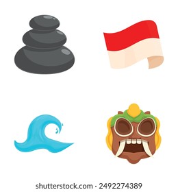 Colorful collection of spa stones, a beach flag, a blue wave, and a tiki mask