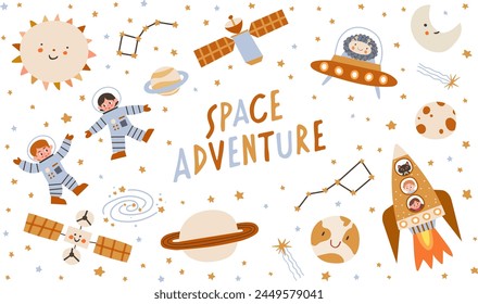 Colorful collection with space elements. Cartoon characters astronauts, animals and aliens, different planets and stars. Vector hand drawn flat illustration. All elements are isolated.