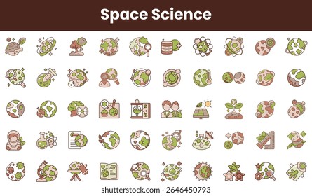 Uma coleção colorida de ícones da ciência espacial que mostram planetas, astronautas e ferramentas científicas, simbolizando a exploração e a consciência ambiental.