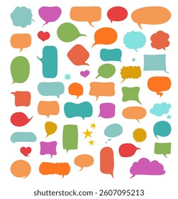 Colorful collection of speech and thought bubbles in various shapes and sizes, including ovals, rectangles, and clouds