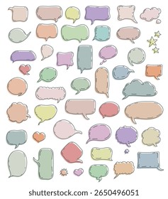 Colorful collection of speech and thought bubbles and lines, in various shapes and sizes, including ovals, rectangles, and clouds