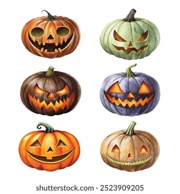 Coleção colorida de lanternas de Jack-o-de-Halloween assustadoras com desenhos exclusivos