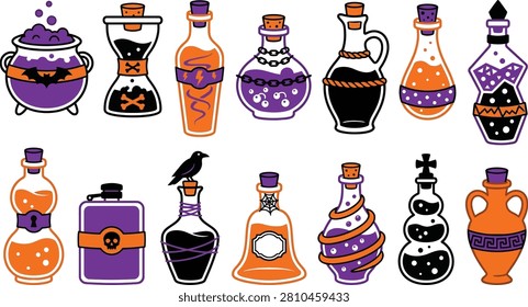 A colorful collection of spooky potion bottles, a cauldron, and magical ingredients, perfect for Halloween designs and witchcraft themes.