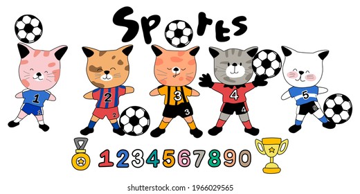 A colorful collection (Sports Football and Cats) Doodle pattern for cards, mugs, digital paper, saucers, logos, t-shirt designs, seamless patterns, digital printed cloth, keychain, gifts, stickers