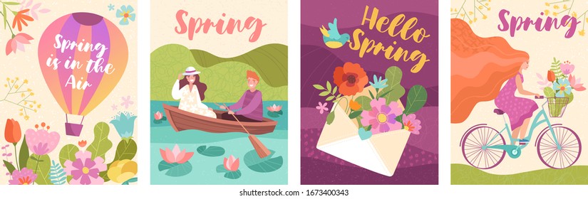 Colorful collection of spring poster or card designs with a hot air balloon, couple boating, flowers in an envelope and woman with long hair cycling, vector illustration