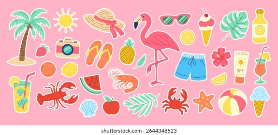 A colorful collection of stickers featuring various beach and summer items such as sunglasses, hats, and drinks