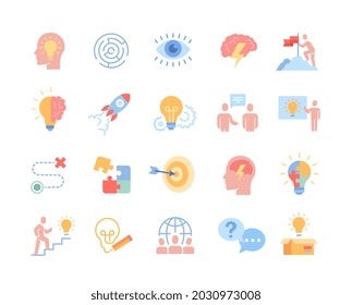 Colorful collection of stickers of successful team. Icons on business topics with metaphor of ideas, achievements and goals. Cartoon line art flat vector collection isolated on white background