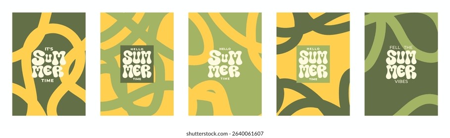 Colorful collection of summer backgrounds. Hello, it's summer hand lettering. Hand drawn waves, curved wavy lines liquid crooked, stripes, uneven strokes, organic lines fluid deformed vector pattern.