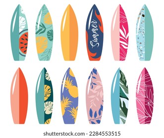 Colorful collection of surfboards. Vector illustration. Vector illustration for badge, logo, print, badge, card, cover, bag, case, invitation, emblem, label