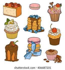 Colorful collection of sweet pastries. Cakes, cupcakes, macaroon and pancakes