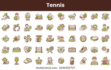 A colorful collection of tennis-themed icons, showcasing various aspects of the sport such as players, equipment, and court elements in a playful design.