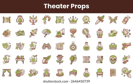Uma coleção colorida de adereços de teatro, incluindo máscaras, espadas e lanternas, perfeito para design de palco e produções teatrais.