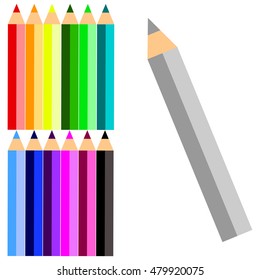 A colorful collection of thirteen colored pencils in a simple flat style.