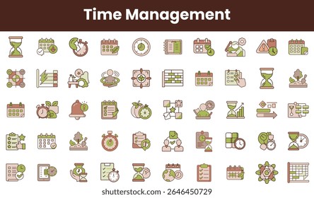 A colorful collection of time management icons, including clocks, calendars, hourglasses, and reminders, showcasing various methods of organizing time effectively.