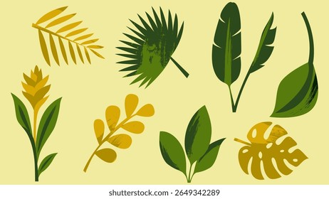 A colorful collection of tropical and jungle leaves with rough texture, perfect for nature-themed vector design. Concept of nature-inspired digital content for wellness and lifestyle