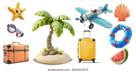 Colorful Collection of Vacation and Travel Icons in Cartoon Style. Collection of fun, cartoon-style icons representing travel and vacation, including a palm tree, airplane, and luggage. Vector