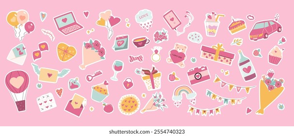 Colorful collection of Valentine Day stickers, cute love and celebration icons on pink background. Set of laptop, flowers, pie, cakes, camera, car and other romantic elements.