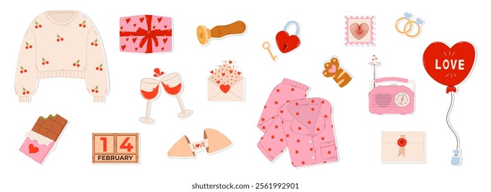 A colorful collection of Valentine's Day themed stickers with hearts and gifts to celebrate