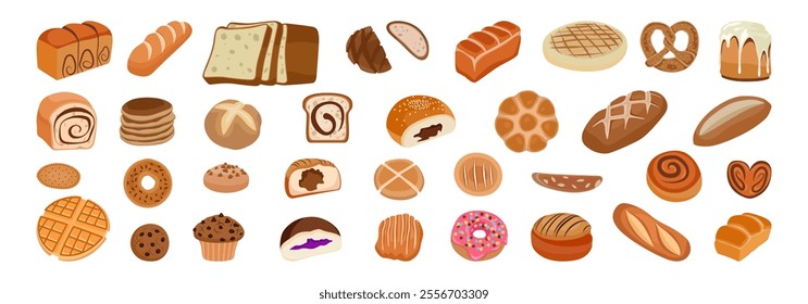 A colorful collection of various baked goods including breads, pastries, and sweets.