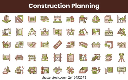 Uma coleção colorida de vários ícones de planejamento de construção, com ferramentas, materiais e equipamentos de segurança, adequados para uso em projetos de design e engenharia.