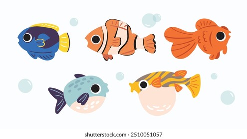 Colorful Collection of Various Fish. Perfect for Aquatic and Marine-Themed Designs. Adorable Icons. Tropical, Freshwater, and Exotic Species.