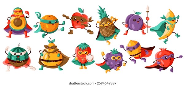 A colorful collection of various fruit superheroes, each with unique costumes, masks, and capes. These fun and energetic characters bring excitement and creativity to healthy food concepts.
