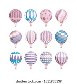 Colorful collection of various hot air balloons. Different aerial vehicles isolated on white background. Set of sky balloons with creative ornament. Vector illustration in flat cartoon style.