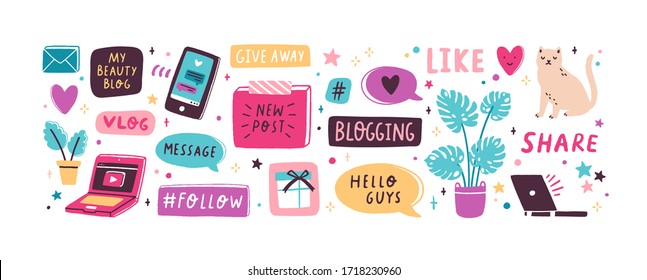 Colorful collection of various inscriptions, signs and buttons for blog isolated on white background. Creative design elements set for post in social network. Vector illustration in flat cartoon style