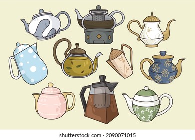 Colorful collection of various teapots for tea ceremony. Set of different kitchen utensils or kettles for hot beverage. Household appliances or kitchenware. Flat vector illustration. 