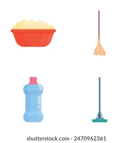 Colorful collection of vector icons featuring common household cleaning items